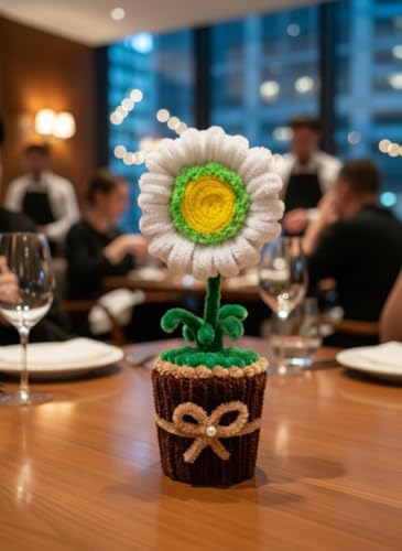 Image of Handmade Artificial Flower Pot for Home Decor | Cute Fuzzy Wire Pipe Cleaner Flower Plant | Aesthetic Tabletop Decorative Pot for Home, Office & Gifting (Soft Bloom :- Neon-White)