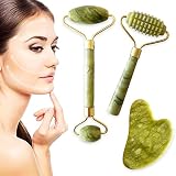 rodillo de jade autentico [REJUVENECE TU PIEL]: El roller de jade doble y dentado y la piedra gua sha trabajan en armonía para contrarrestar el envejecimiento de la piel y las imperfecciones típicas de la cara, como arrugas, líneas finas, ojeras y bolsas debajo de los ojos.