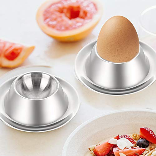 Flexzion Egg Cup Holder Set Of 4 Pack - Stainless Steel Egg Cups Plates Four Pieces Serveware Tableware Holder Accessories For Hard Soft Boiled Egg Spoon Breakfast Brunch Kitchen Restaurant Display #TOP4