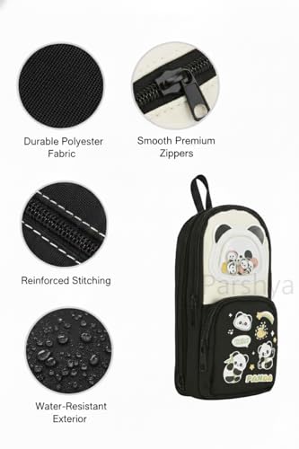 Image of Parshya Cute Pencil Pouch for Kids | Large Capacity Pencil Case for School & Tuition | Multi-Compartment Stationery Organizer with Mesh Pocket & Smooth Zippers | Black