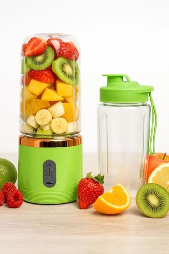 Image of ZENOVIA Portable Juicer Bottle, Green | Dual Cup, USB Rechargeable Smoothie Maker, Leakproof Mini Juicer, Travel, Gym & Kitchen