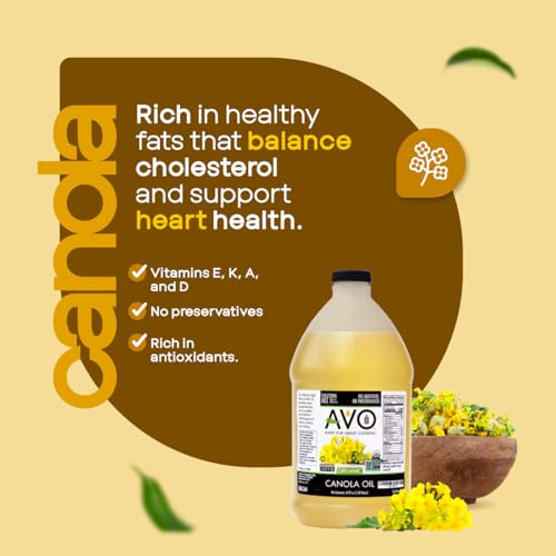 Image of AVO Organic Canola Oil for Cooking, Frying, Baking, Salads, Vinaigrette, Marinades - General Organic Cooking Oil 64 Fl-oz (Half a Gallon), NO preservatives added, High Smoke Point 465F