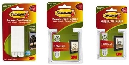 Command Bundle Including: 3M Picture Hanging Strips; Large, Medium and Small Strips,White (17206-6ES,17204-12ES and 17205-16ES)