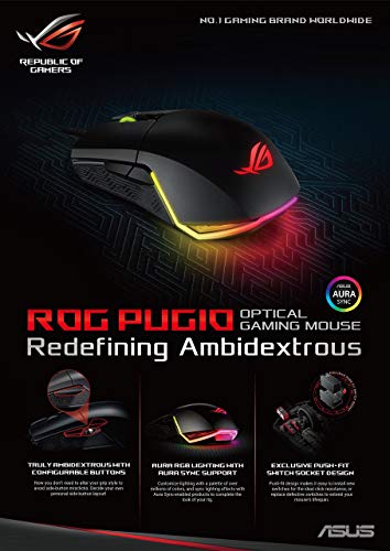Asus Optical Gaming Mouse - Rog Pugio | Ergonomic & Truly Ambidextrous Pc Gaming Mouse | Configurable & Swappable Side Buttons | 7200 Dpi Optical Sensor | Aura Sync Rgb, Rog Armoury Ii #TOP6