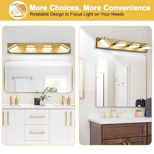 Image of Torondo 360 Rotate LED Bathroom Vanity Light Fixtures, Acrylic Vanity Lights for Bathroom, Modern Wall Lighting Fixtures Over Mirror Living, Gold, Natural White, 4-Light, 27-Inch