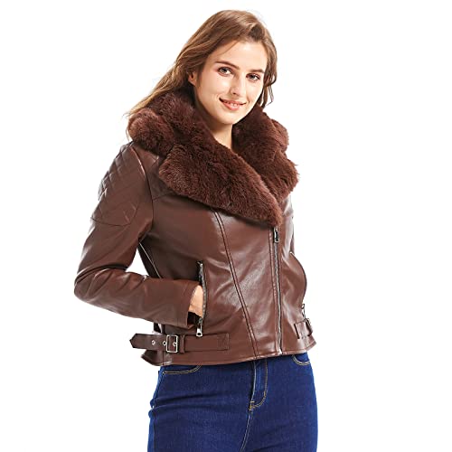 Gran Oriente Black Faux Leather Jacket For Women With Faux Fur Collar Long Sleeve Parka With Pockets Warm Winter Parka Coat With Belt Plus Size Outerwear Gk017-Black-L #TOP3