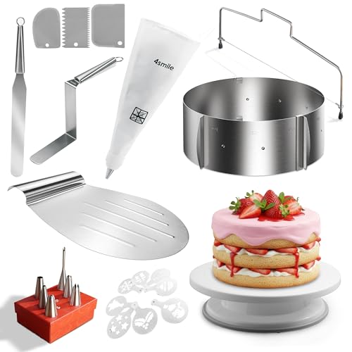 4smile Tortenschneider-Set, 24 Teile - Tortenheber, Tortenring verstellbar hoch 8,5 cm, Tortenschneider, Tortenplatte drehbar, Streichpalette, Winkelpalette, Spritzbeutel mit Tüllen, Tortenschablone