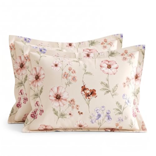 Image of VAS COLLECTIONS Premium 240 TC Cotton Double Bedsheet Set with 2 Pillow Covers | Breathable Floral Print Bedding | Fade Resistant | 228 x 254 cm, Blush & Periwinkle Floral, Double Flat (90x100) Blush