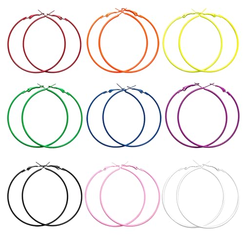 Dreuyet 9 Pairs 80S Neon Hoop Earrings for Women Retro Colorful Large Bright Hoop Lightweight Round Circle Earrings for 80's Costume Outfit Glow Dancing Party Accessory