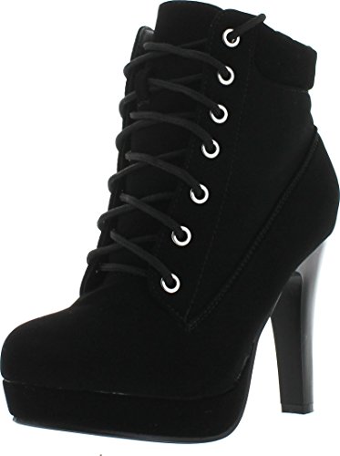 Top Moda Polish Military Lace Up Platform Chunky High Heel Ankle Booties,Black_Polish-47,10
