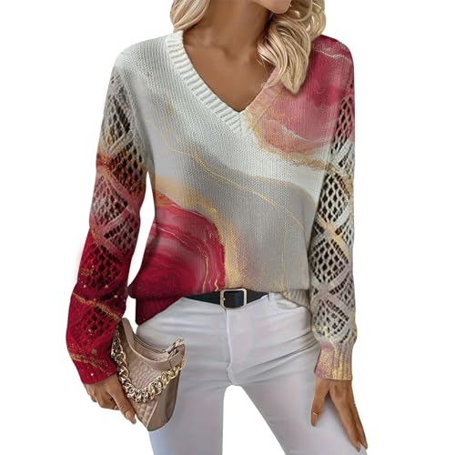 Women's Boho V Neck Floral Sweaters Hollow Out Knitted Sweaters