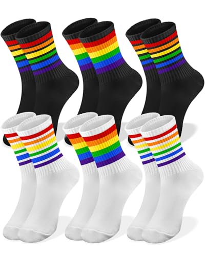 Ronglry 6Pairs Pride Accessories Rainbow Striped Socks for Women Men Pride Crew Socks Colorful Novelty Cotton Sock Rainbow LGBTQ Gifts-A
