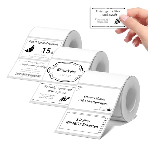 NIIMBOT Etiketten Kompatible für B1 / B21 / B3S Etikettendrucker, 3 Rollen 50 x 30mm Thermo Etikettenband für Supermärkte Einzelhandel Büro, 230 Etiketten/Rolle, Weiß