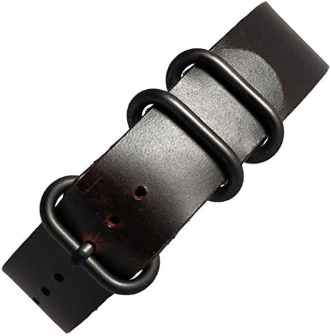 time+ 20mm 5-Ring Military Style Oil Leather Watch Band Strap Dark Brown PVD