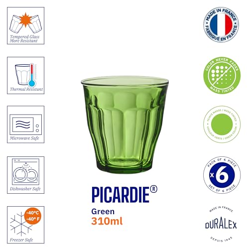 Image of Duralex France Picardie Green Tempered Glass Tumbler 310 ML Set of 6 Glasses | 3X Stronger & Durable | Microwave & Dishwasher Safe | Ultra Scratch-Resistant | Stylish & Giftable Drinking Glass