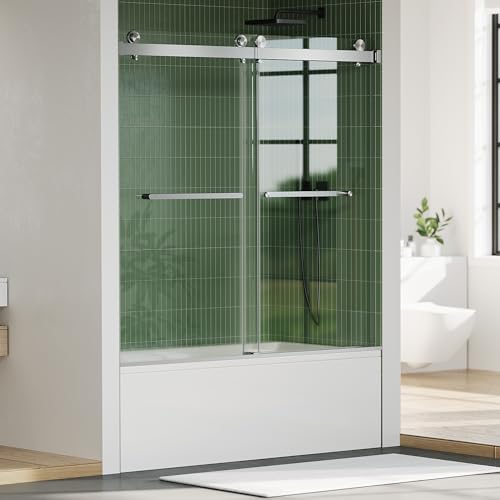 Image of GarveeTech 56-60 inch W x 59 inch H Shower Doors, Frameless Shower Door, Sliding Glass with 1 /4 inch (6mm) Clear Tempered Glass for Bathroom,Brushed Nickel