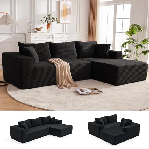 110” Cloud Sectional Couch, Boneless Sofa for Living Room, Modular Sectional Sofa with Deep Seat, Comfy Fluffy Couch with L-Shaped Chaise, No Assembly Required (Right-Facing Chaise, Black)