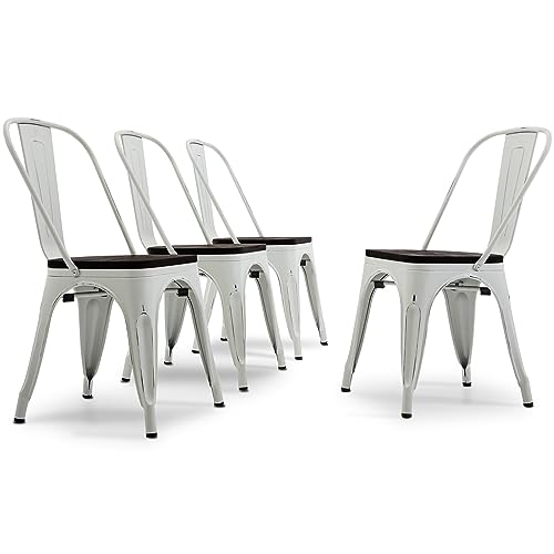 BELLEZE Metal Dining Chairs Set of 4, Stackable Metal Chairs Vintage Farmhouse Chairs with Detachable Backrest and Wood Seat, Weather Resistant Tolix Chair for Indoor Outdoor - Antique White