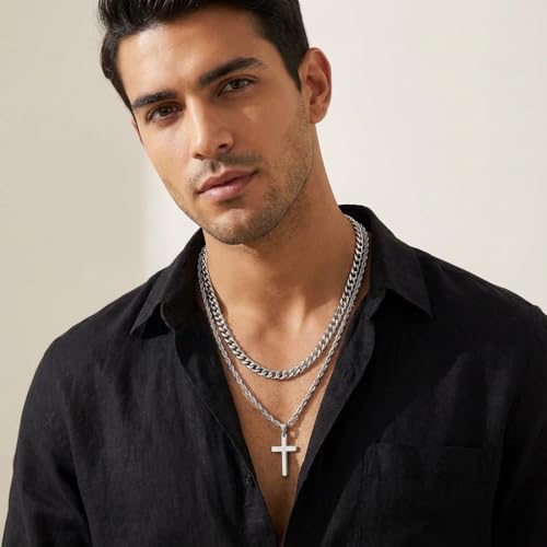 Men's Cross Necklace for Men - Silver Stainless Steel Layered Chain Set with Cross Pendant, Rope and Curb Chain Jewelry Accessories for Husband, Son, Boyfriend - Image 3