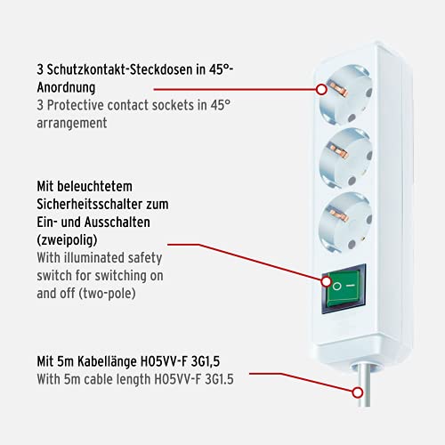 Brennenstuhl Eco-Line 3-voudige stekkerdoos (stekkerblok met verhoogde aanraakbeveiliging, schakelaar en 5m kabel) wit - Image 3