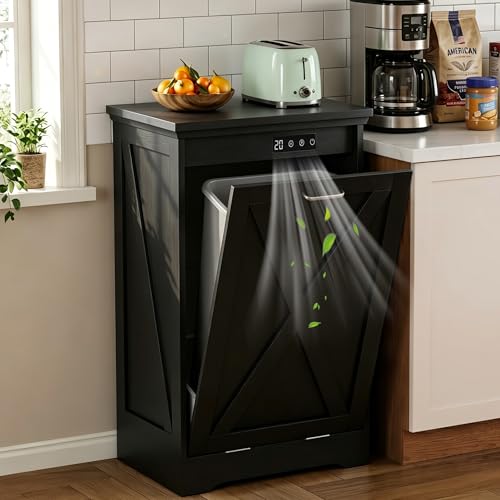 Betterhood Single 13 Gallon Tilt Out Trash Can Cabinet with Deodorising Function, Modern Farmhouse Wooden Hidden Garbage Bin Holder for Kitchen, Dining Room, Bathroom, Black