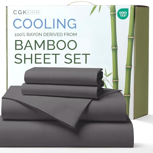 100% Rayon Derived From Bamboo - Bamboo Sheets Queen Size - Cooling Sheets for Queen - Soft, Breathable & Hotel Luxury Bedding - 1 Flat & 1 Fitted & 2 Pillowcases w/ 16 Inch Deep Pockets - Dark Grey