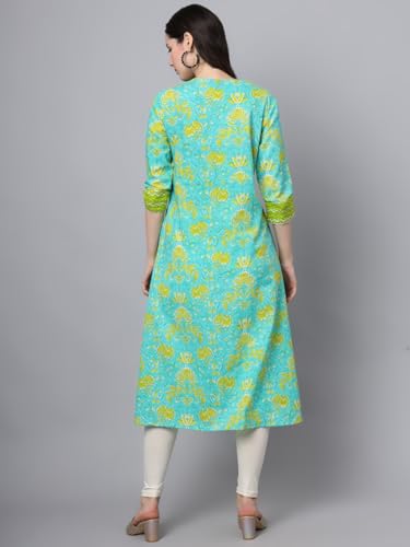 Image of JAPER KURTI Womens Pure Cotton Jaipuri Floral Print Aline Blue Color Kurta