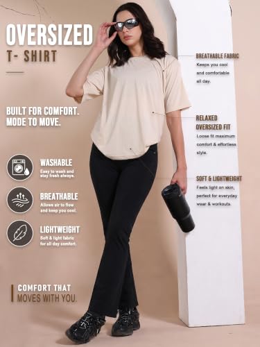Image of CHKOKKO Oversized Round Neck Drop Shoulder Solid Polyester Full Sleeves T-Shirt for Women