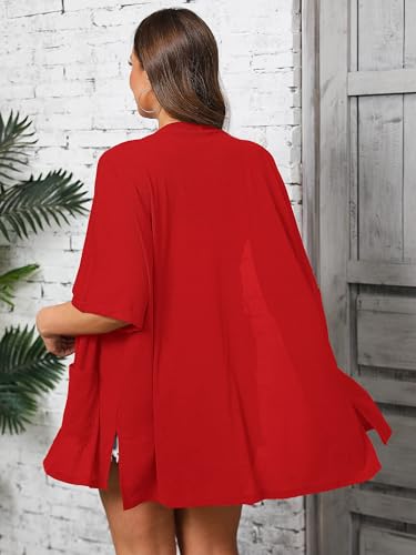 Image of AusLook Plus Size Short Sleeve Cardigan for Women Lightweight with Pockets | 100% Polyester,Elbow-Length Drop Shoulder Sleeves,Side Slit Hem,Longline Coverage,Dresses Jeans Office Travel Vacation