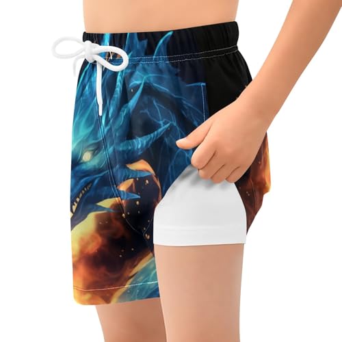 Fire Dragon Blue Boys Swim Trunks with Compression Liner Quick Dry Bathing Bottom Kids Beach Shorts2