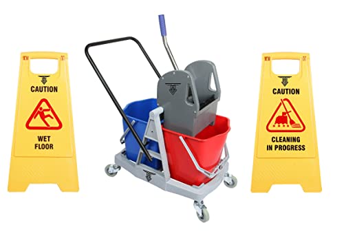 Double Bucket Mop Wringer Trolley Free with Caution Sign Board Combo Wet Floor & Cleaning in Progress - 40 LTR