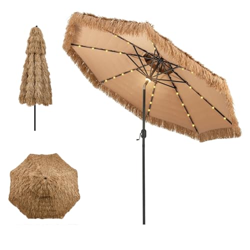 GOPLUS Sonnenschirm Hawaii Ø 300 cm Strohschirm um 30 knickbar Sonnenschirm Stroh mit LED Solar Beleuchtung Strandschirm mit Doppeldach Terrassenschirm klappbar für Strand Balkon & Garten