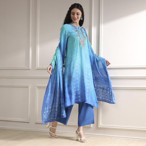 Image of BIBA Printed Modal Straight Festive Kurta With Palazzo and Dupatta