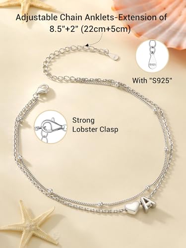 Image of PROSILVER Ankle Bracelets for Women S925 Sterling Silver Anklets for Women Waterproof, Dainty Layered Heart Anklet, Beach Initial Anklet for Summer, Letter A-Z
