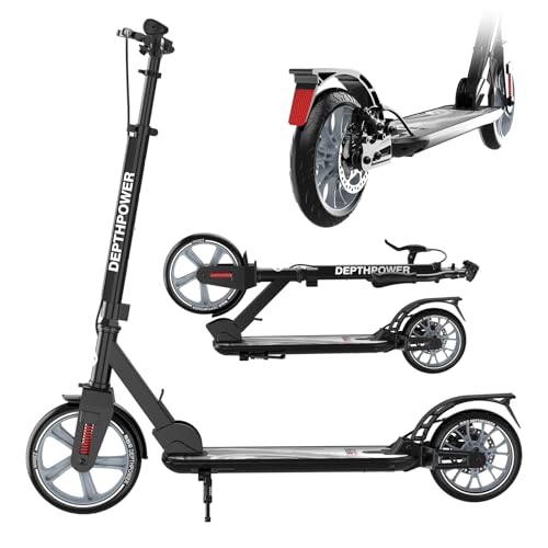 CXYTX Tretroller Erwachsene & Kinder bis 150 kg, klappbar, höhenverstellbarer Lenker 86-113 cm, 230 mm ABEC-9 XXL-Rollen, Scheibenbremse + Fußbremse, Doppel-Federung (vorn+Pedal) – für Alltag,Schwarz