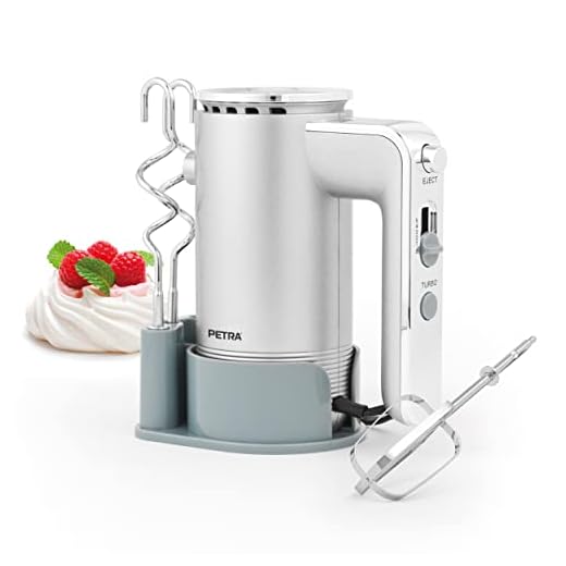 Batidora de mano Petra PT5250VDEEU10 con base, guardado fácil, 5 velocidades, función turbo y de expulsión, 2 ganchos amasadores, 2 batidores, para hornear, batir, mezclar, amasar, 300 W, plateada
