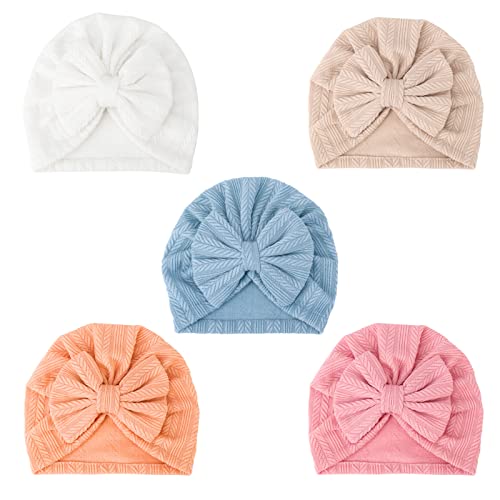 Image of DRESHOW BQUBO 5 Pieces Newborn Baby Turban Hats Bow Baby Infant Beanie Breathable Toddler Cap for Baby Girls