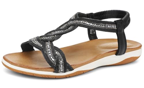 Image of UBFEN Flat Sandals For Women Dressy Arch Support Comfortable Casual Sandal With 2026 Rhinestone Braid Elastic Strap Summer Vacation
