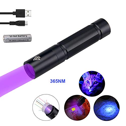 UV Flashlight 365nm, WESLITE Lampe torche UV Rechargeables USB Ultraviolette Lampe de Poche Lumière Noire avec Verre Filtre Noir pour Vérification de l'argent Durcissement par colle UV Fluoresces