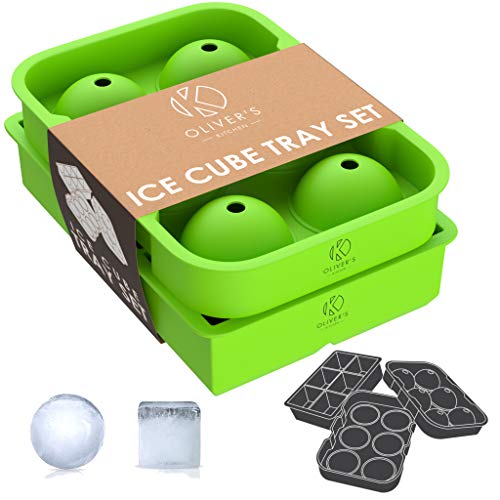 Oliver's Kitchen ® 2x Ice Cube Tray Set - Cocktails, Whiskey & Drinks Ice Cool for Longer - Large Ice Cube Molds, Less Dilution - Easy to Remove Ice Balls & Squares - Fresher Ice with Stackable Lid