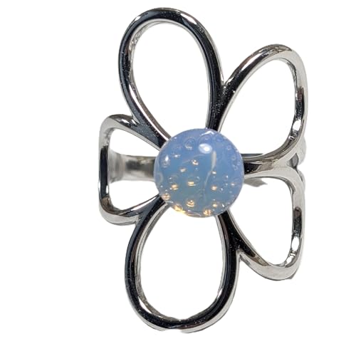 Bague Fleur de Cosmos en acier argenté et opale de qualité par Bouly&Cailloux