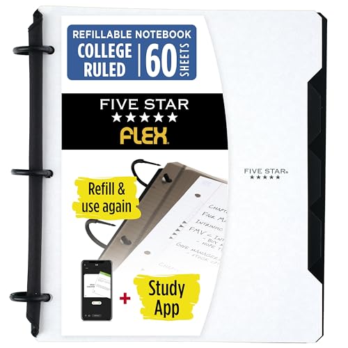 Five Star Flex Refillable Notebook + Study App College Ruled Paper and 1 Inch TechLock Ring Binder with Pockets Tabs and Dividers 200 Sheet Capacity White (29328AE2)