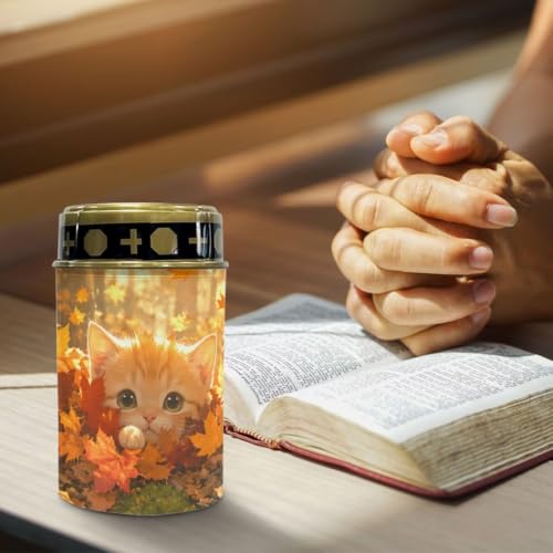 Image of Poceacles Flameless Candle Solar Powered Grave Outdoor Lights Cemetery Candle Flameless Fake LED Pillar Lights Outdoor Waterproof Lawn Decoration, Cute Cat Autumn Forest Leaf, Set of 6