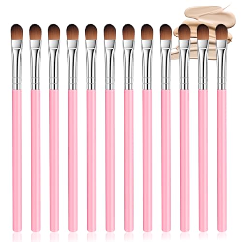 12 Pcs Flat Concealer Brush Flat Eyeshadow Brush Small Eye Makeup Brushes Set Highlighter Brushes for Concealing Small Imperfection Blending Setting Buffing MakeupEye Primer Base (Pink)