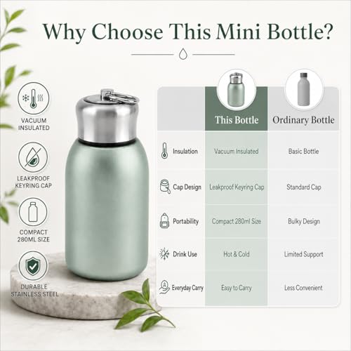 Image of Mini Stainless Steel Vacuum Insulated Water Bottle, 280ml, Black, Leakproof, Hot and Cold, with Keyring Cap (Green)