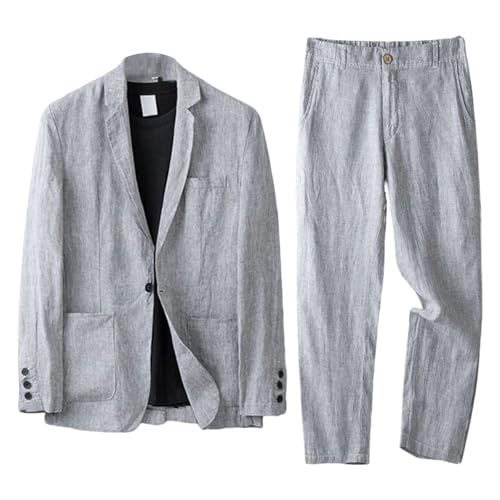 Trajes de lino de 2 piezas para hombres Conjuntos de boda Slim Fit Casual Beach Novios Ropa Blazer Pantalones Traje, gris, XXXL