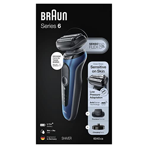 Braun Series 6 6040Cs Electric Shaver With Charging Stand, Precision Trimmer, Wet & Dry, Rechargeable, Cordless Foil Shaver, Blue #TOP6