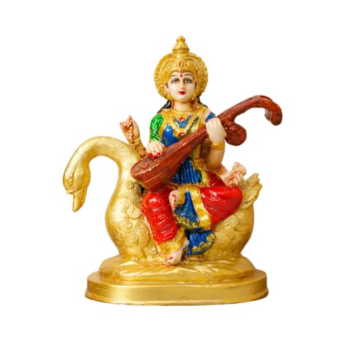 Image of Goddess Saraswati Idol with Veena & Swan (5.5 Inch) - Colorful Maa Saraswati Murti for Home, Office & Study Room