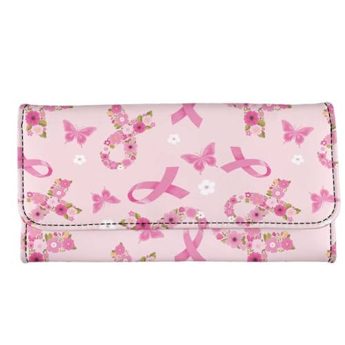 Binienty Pink Ribbon Tri-Fold Clutch for Women Waterproof - Floral Butterfly Buckle Closed Card Holder Purse with Multiple Inner Pockets for Keys, Coins, Daily Essentials