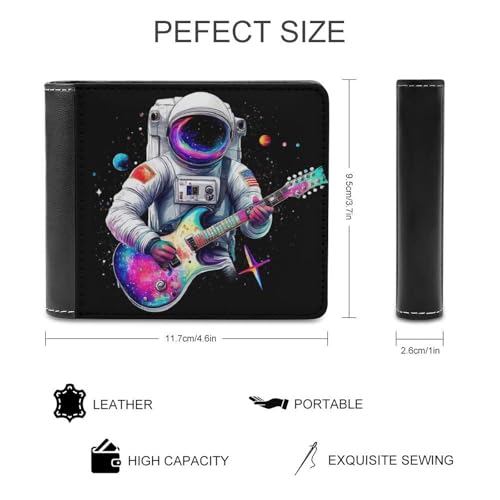 Fashion Bifold Wallet for Women Men Trippy Space Astronaut Guitar Splash Ink Art Pu Leather ID Card Holder Waterproof Lightweight Purse for Travel Work2